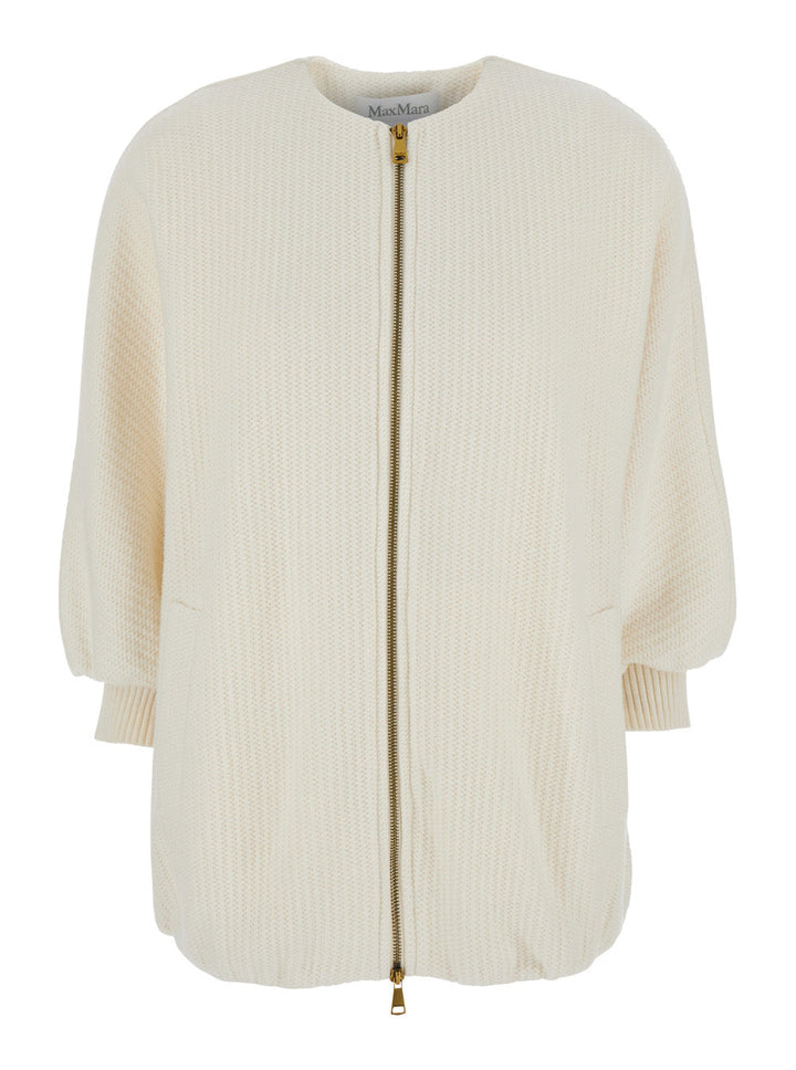 Max Mara Women 'Cirino' White Crewneck Knit Jacket With Logo Patch On The Rear In Wool And Cashmere Woman