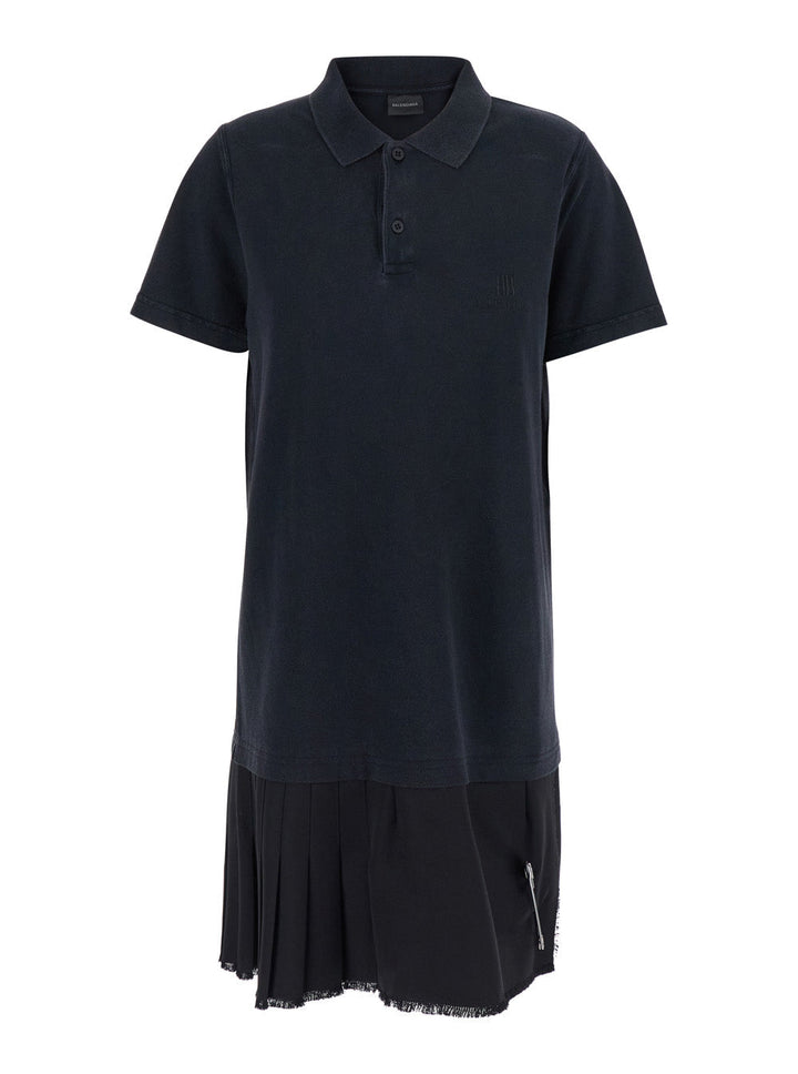 Balenciaga Women Black Layered Dress With Polo Shirt Style Collar And Safety Pin Detail In Cotton Woman