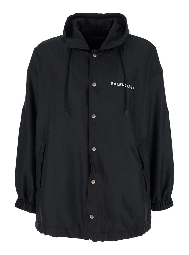 Balenciaga Men Black Jacket With Logo Lettering On The Front And Logo Patch On The Elbow In Tech Fabric Man