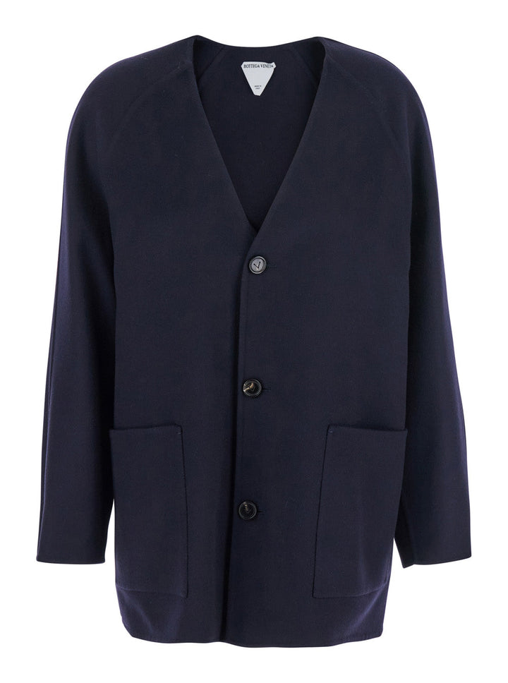 Bottega Veneta Women Blue Collarless Coat With Front Button Closure In Wool And Cashmere Woman