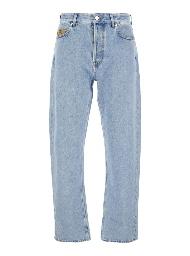 Gucci Men Light Blue Jeans With Gg Detail On The Pocket And Logo Patch On The Rear In Denim Man