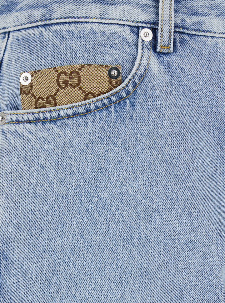 Gucci Men Light Blue Jeans With Gg Detail On The Pocket And Logo Patch On The Rear In Denim Man