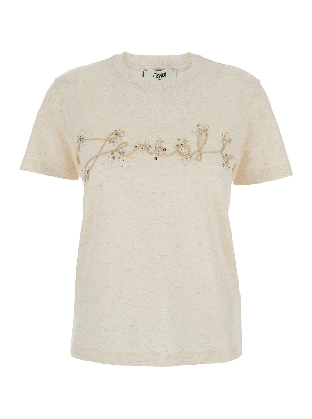 Beige t-shirt with floral embroidery on a white background