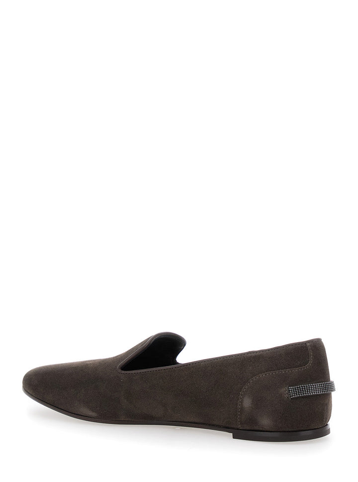 Brunello Cucinelli Women Grey Loafers With Monil Detail On The Rear In Suede Woman