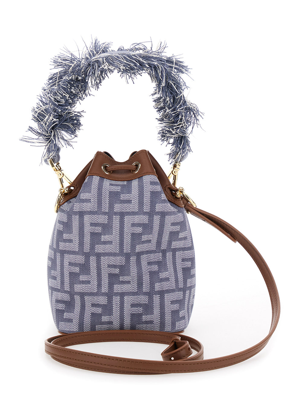 Designer handbag with monogram pattern and brown strap on a white background