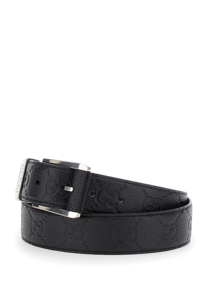 Gucci Men Black Belt With Square Buckle And All-Over Embossed Gg Logo In Grained Leather Man