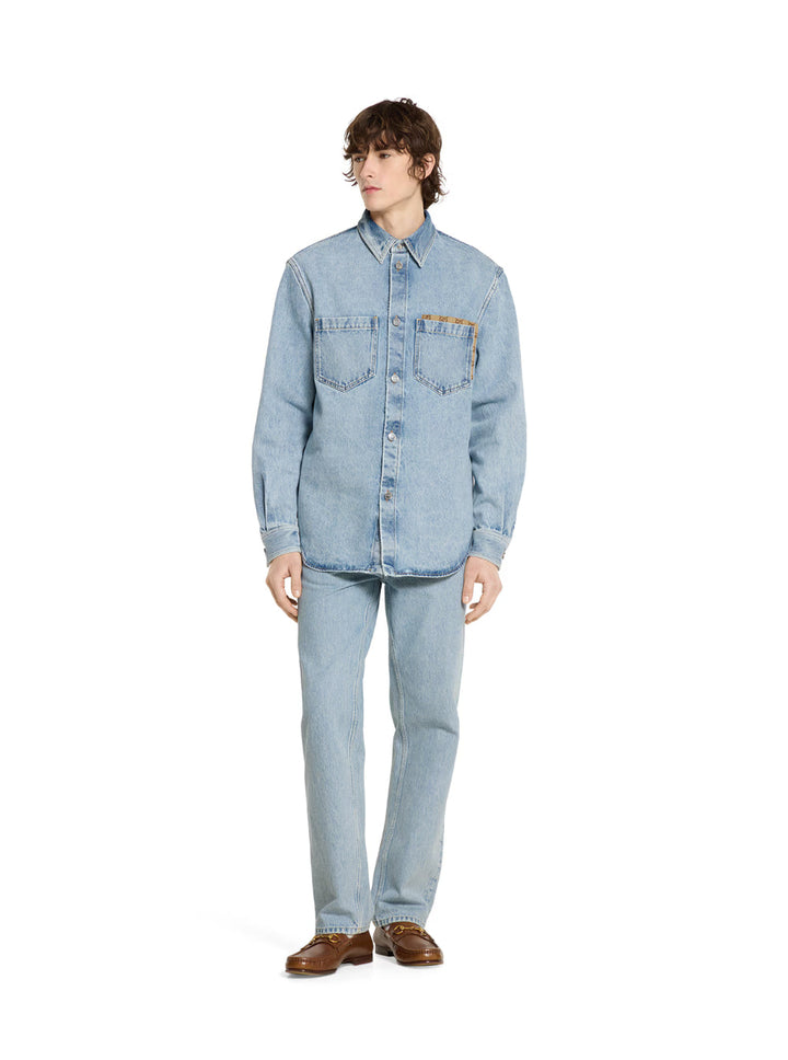 Gucci Men Light Blue Jeans With Gg Detail On The Pocket And Logo Patch On The Rear In Denim Man