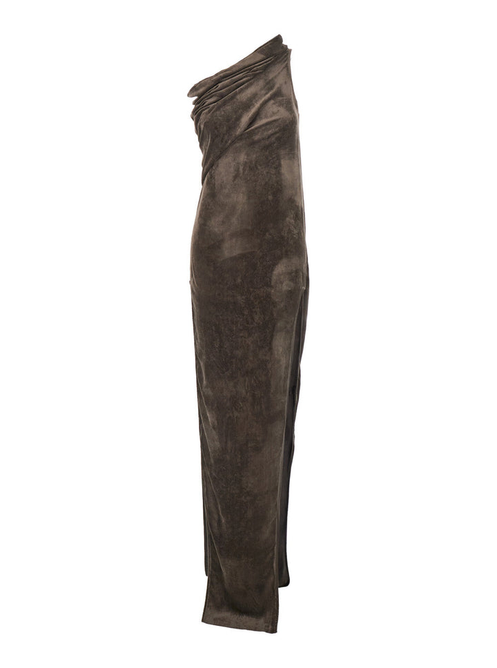 Rick Owens Women 'Athena Arrowhead' Brown Asymmetric Long Dress With Ruched Neckline And Side Single Slit In Viscose Blend Woman