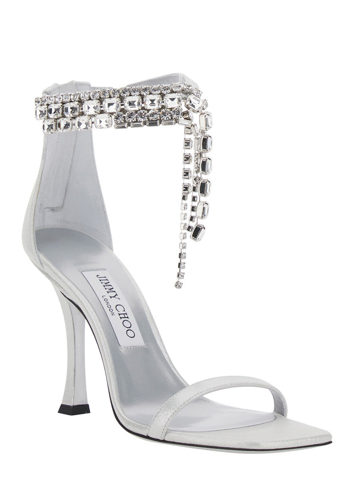 Jimmy Choo Women 'Crystal' Metallic Sandals With Rhinestoned Ankle Strap And High Curved Heel In Leather Woman
