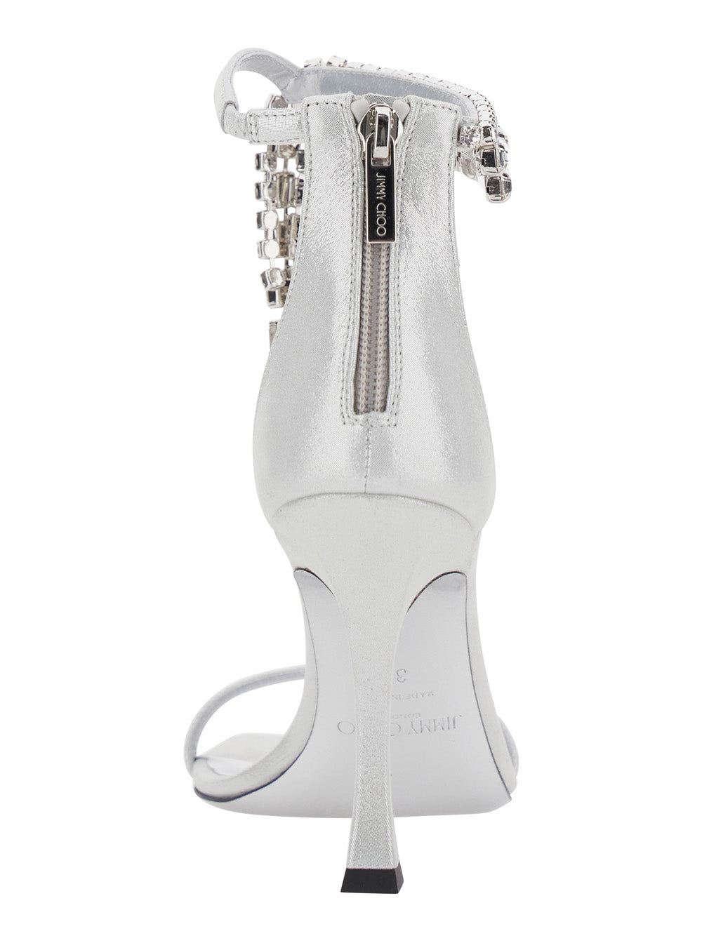 Jimmy Choo Women 'Crystal' Metallic Sandals With Rhinestoned Ankle Strap And High Curved Heel In Leather Woman