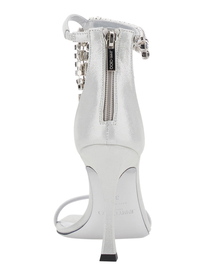 Jimmy Choo Women 'Crystal' Metallic Sandals With Rhinestoned Ankle Strap And High Curved Heel In Leather Woman