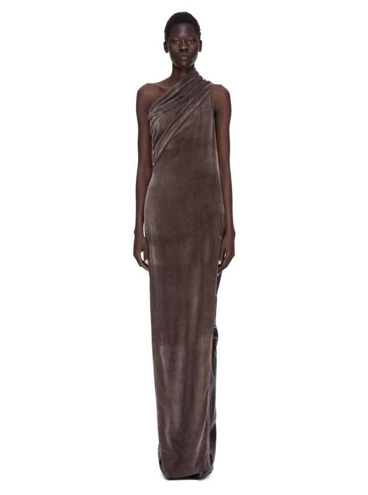Rick Owens Women 'Athena Arrowhead' Brown Asymmetric Long Dress With Ruched Neckline And Side Single Slit In Viscose Blend Woman