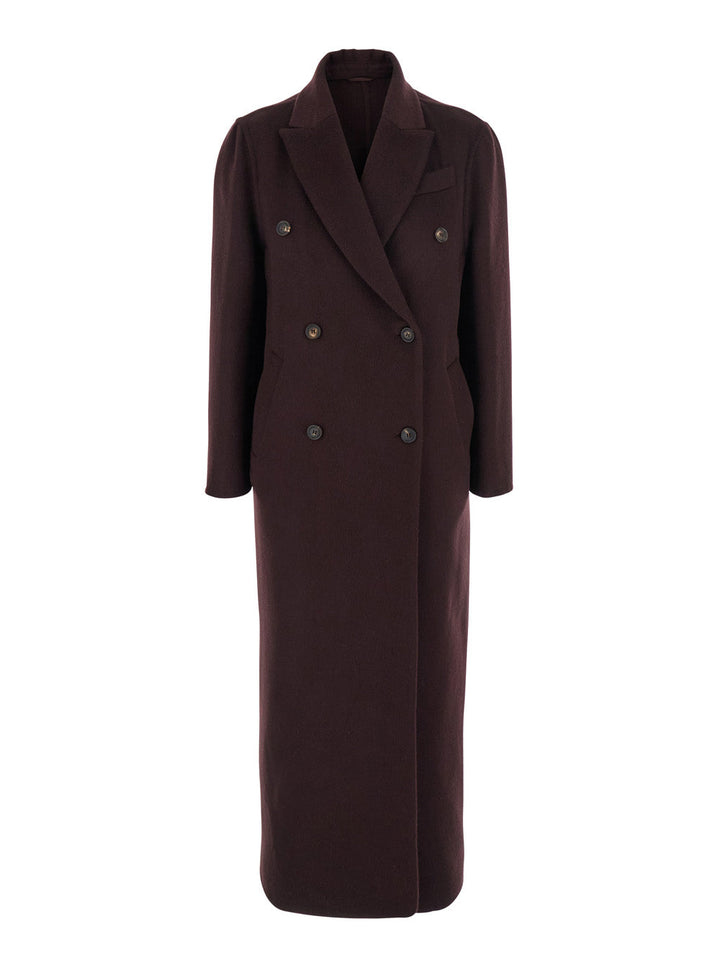 Brunello Cucinelli Women Bordeaux Double-Breasted Coat With Peak Revers In Cashmere Woman