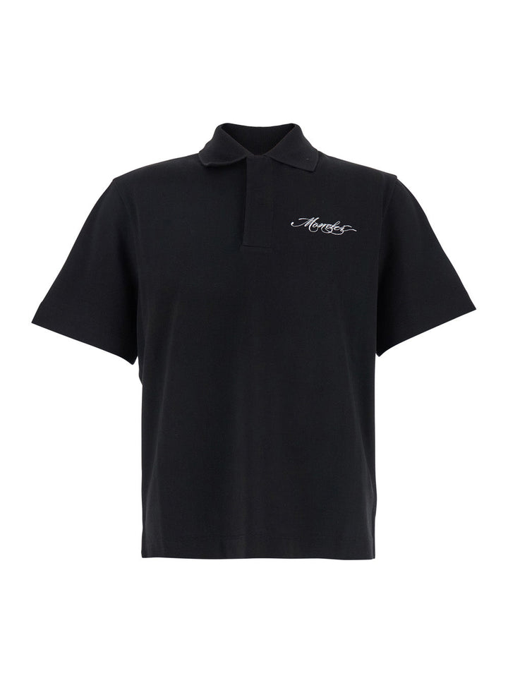 Moncler Men Black Polo Shirt With Classic Collar And Logo Lettering Embroidery On The Front In Cotton Man