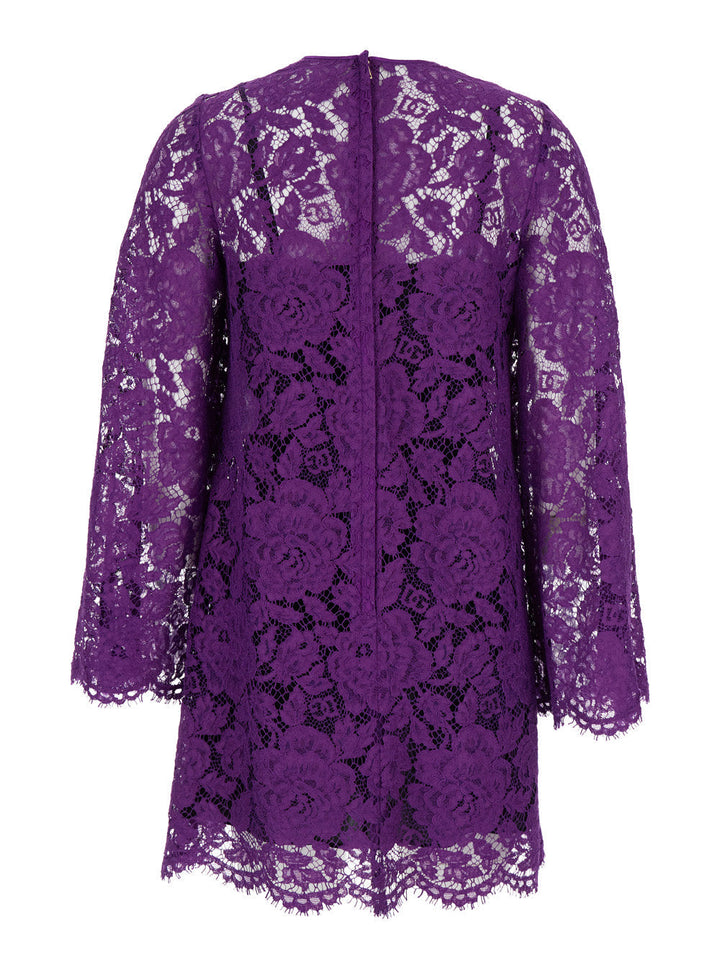 Dolce & Gabbana Women Violet Dress With Round Neck And All-Over Floral Embroidery In Cotton Blend Woman