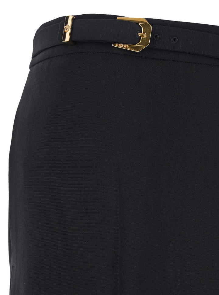 Versace Men Black Pants With Belt And Logo Patch On The Rear In Wool Blend Man