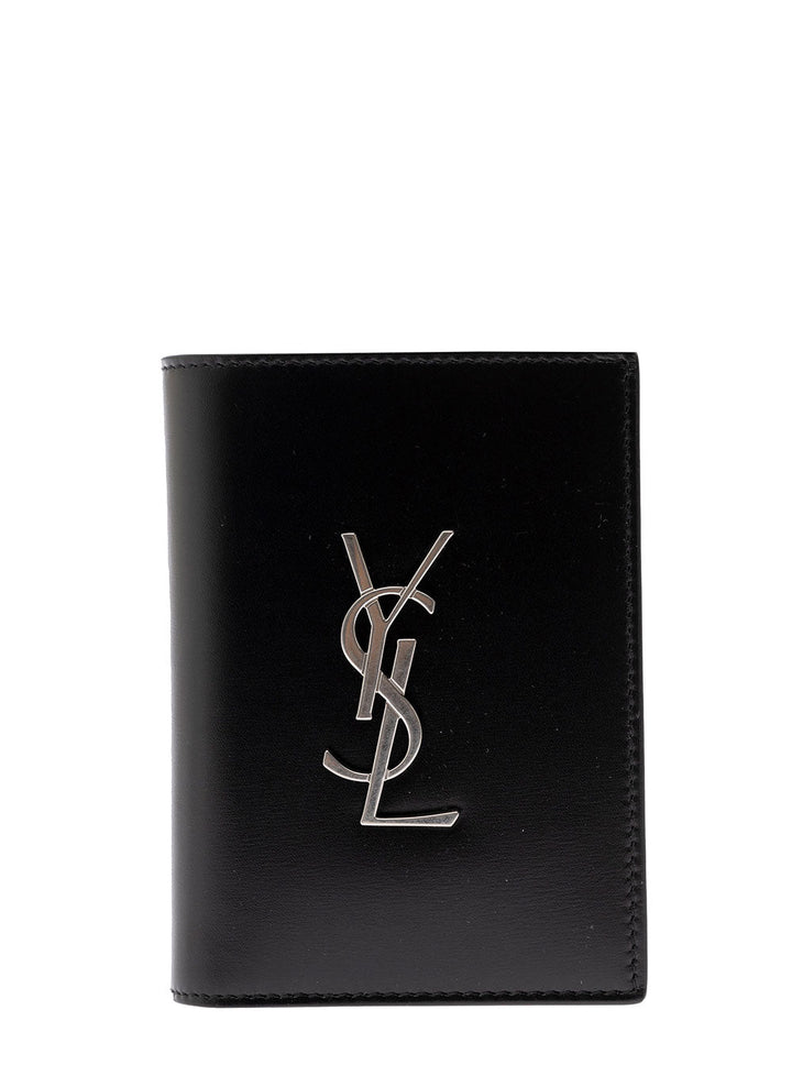 Saint Laurent Men Black Leather Wallet With Ysl Metal Logo Man