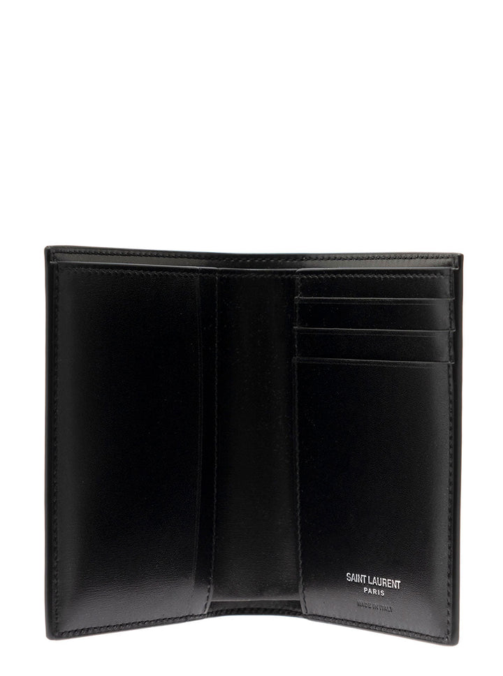 Saint Laurent Men Black Leather Wallet With Ysl Metal Logo Man