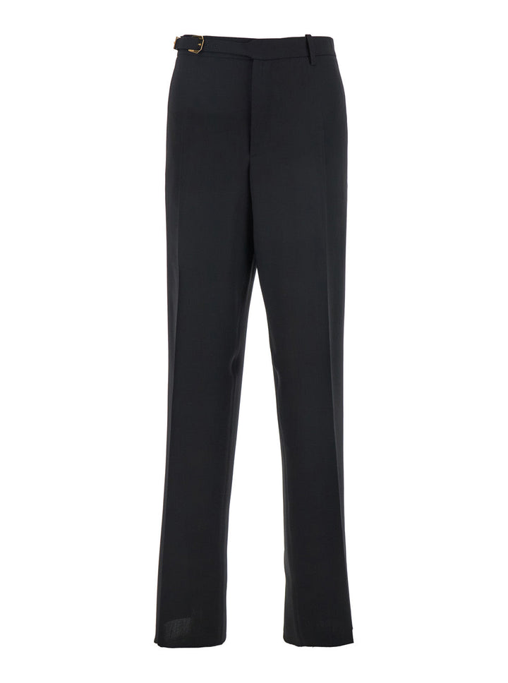 Versace Men Black Pants With Belt And Logo Patch On The Rear In Wool Blend Man