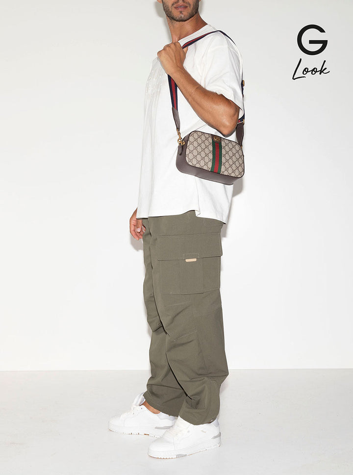 Gucci Men 'Ophidia Gg Small' Beige And Ebony Crossbody Bag With Web Detail In Gg Supreme Canvas Man