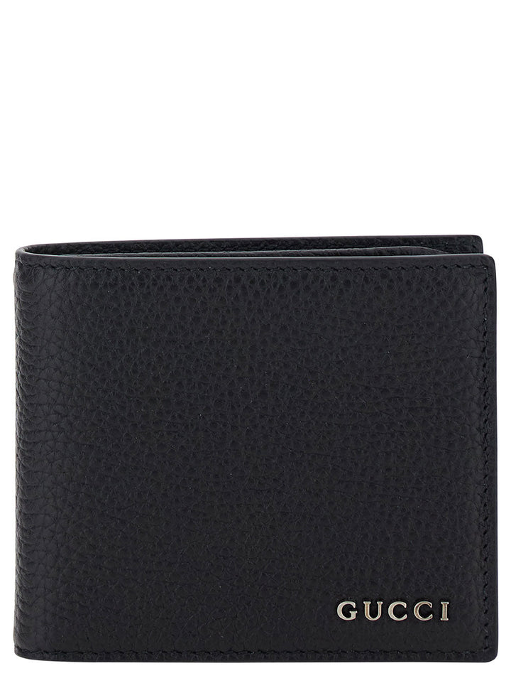Gucci Men Black Bi-Fold Wallet With Logo Detail In Hammered Leather Man