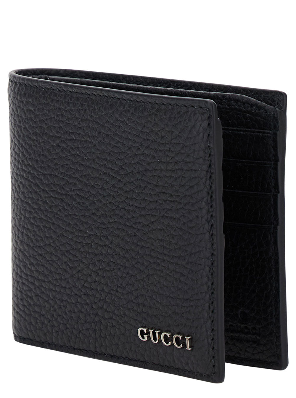 Gucci Men Black Bi-Fold Wallet With Logo Detail In Hammered Leather Man