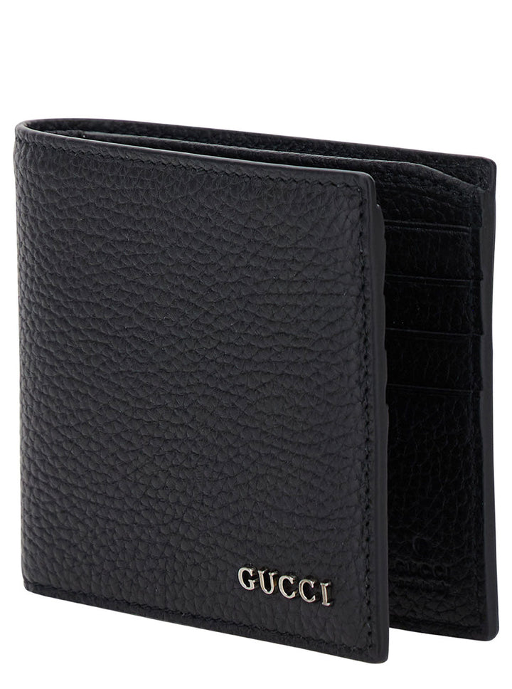 Gucci Men Black Bi-Fold Wallet With Logo Detail In Hammered Leather Man