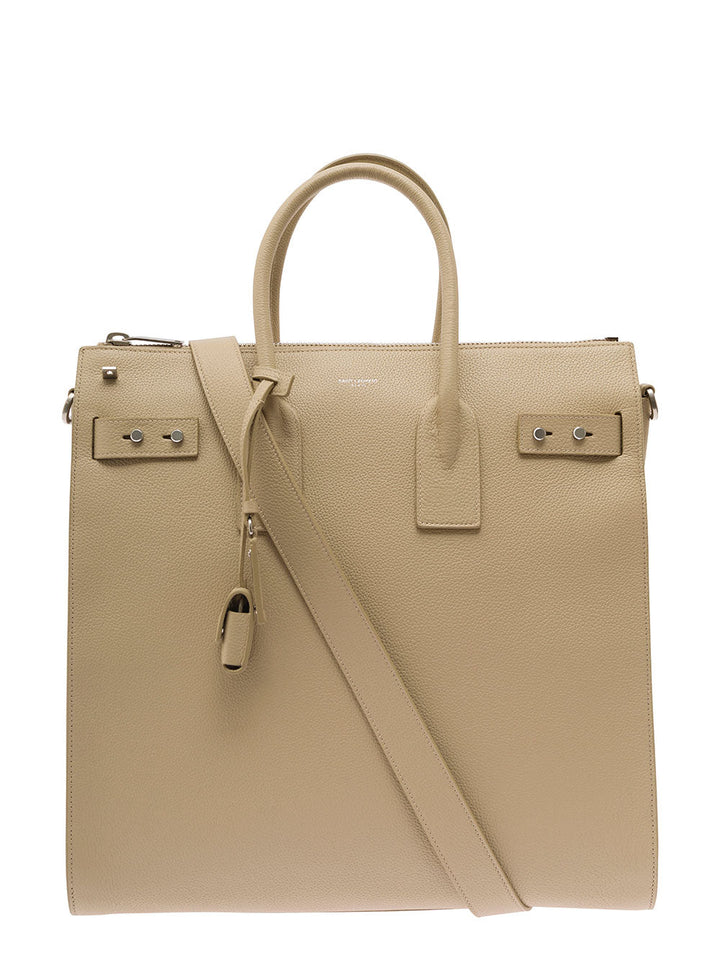 Saint Laurent Men 'Sac De Jour' Beige Tote Bag With Embossed Logo In Grainy Leather Man