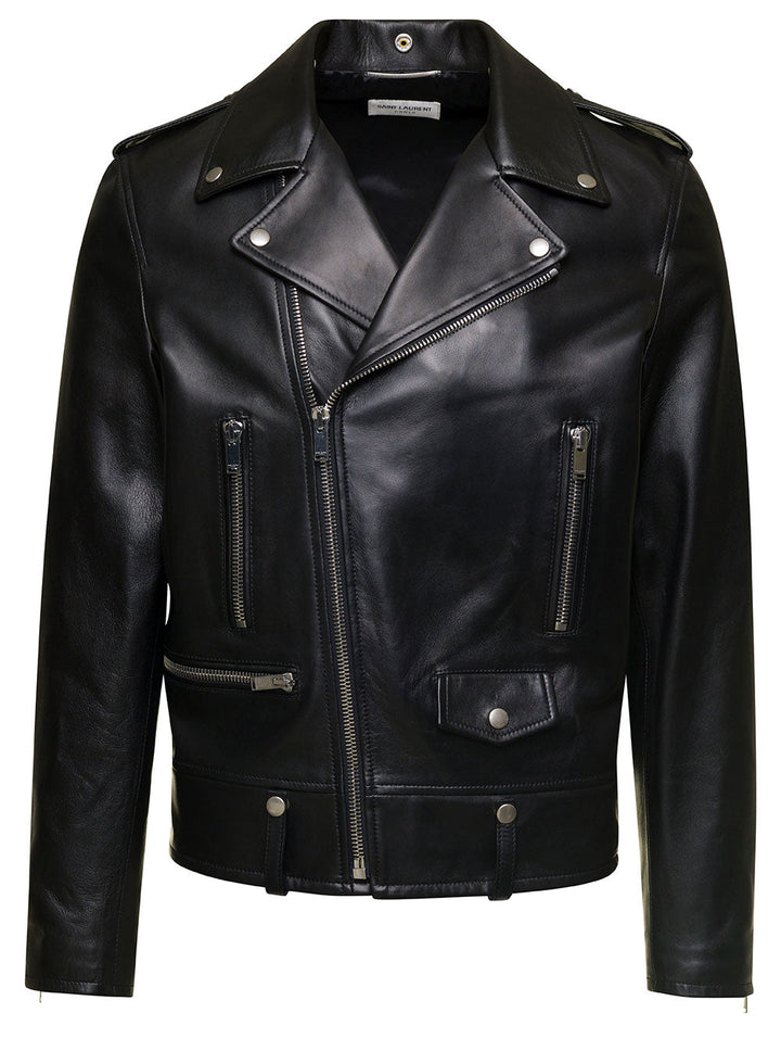 Saint Laurent Men Black Biker Jacket With Zipped Pockets In Smooth Leather Man