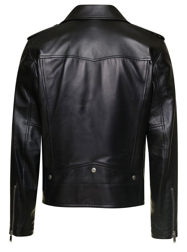 Saint Laurent Men Black Biker Jacket With Zipped Pockets In Smooth Leather Man