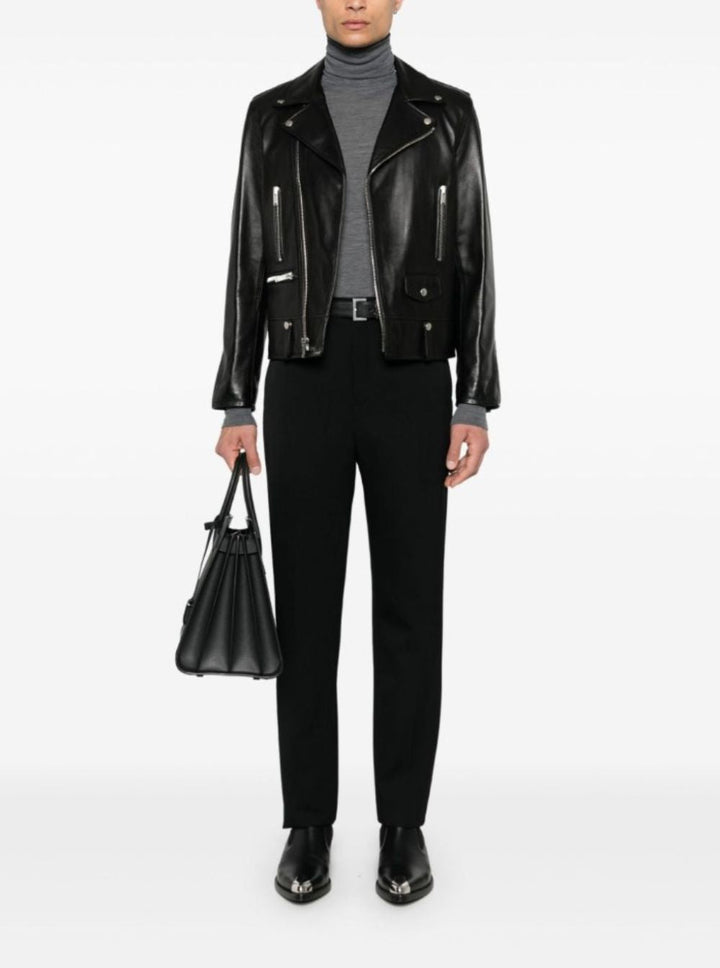 Saint Laurent Men Black Biker Jacket With Zipped Pockets In Smooth Leather Man