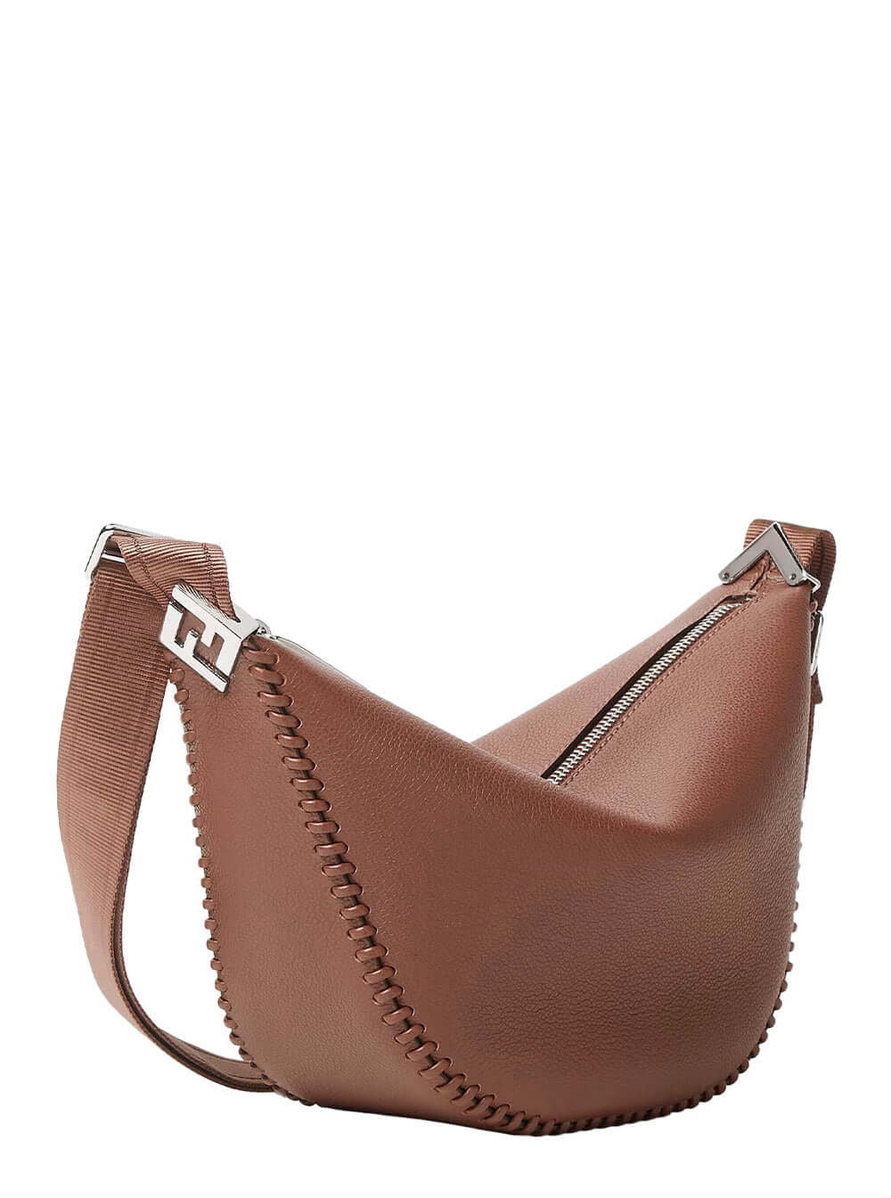 Brown leather handbag with a silver zipper on a white background