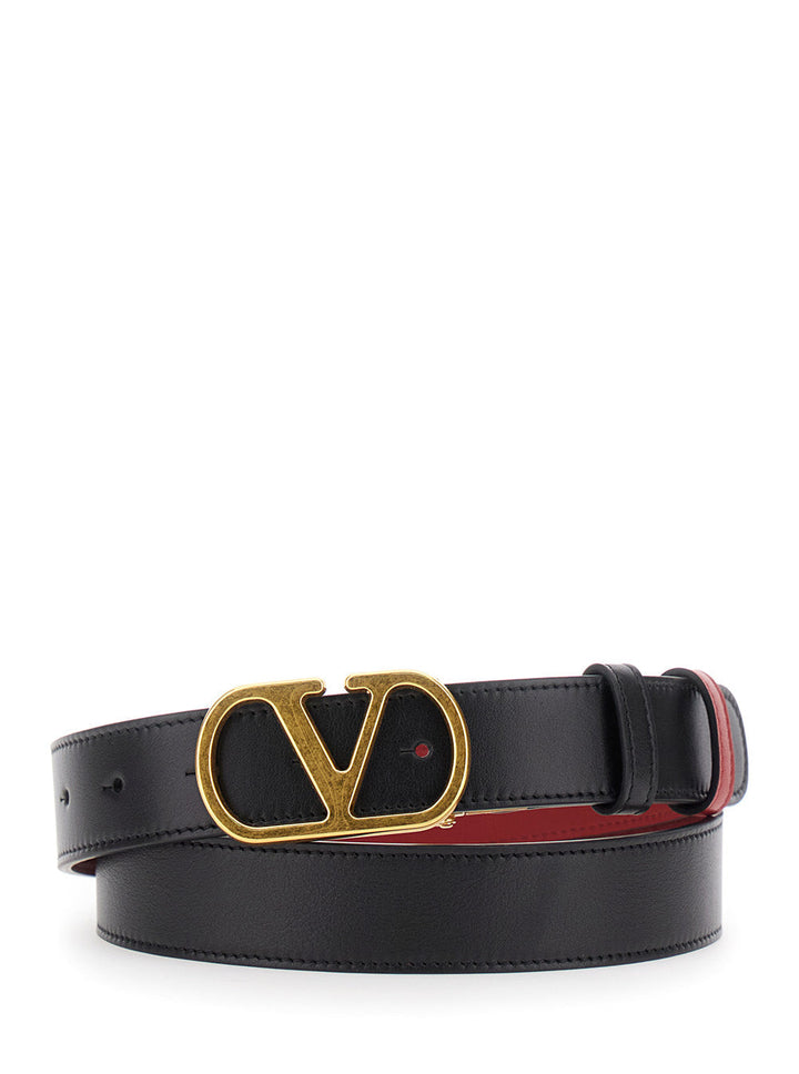Valentino Garavani Women Black Reversible Belt With Vlogo Buckle In Leather Woman