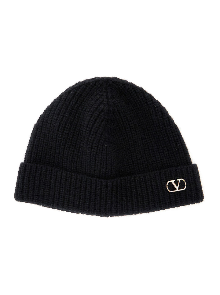 Valentino Garavani Men Black Knit Beanie With Vlogo On The Front In Cashmere Man