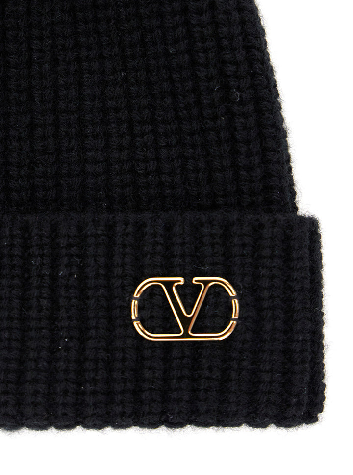 Valentino Garavani Men Black Knit Beanie With Vlogo On The Front In Cashmere Man