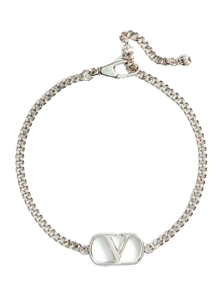 Silver bracelet with a 'V' logo on a white background