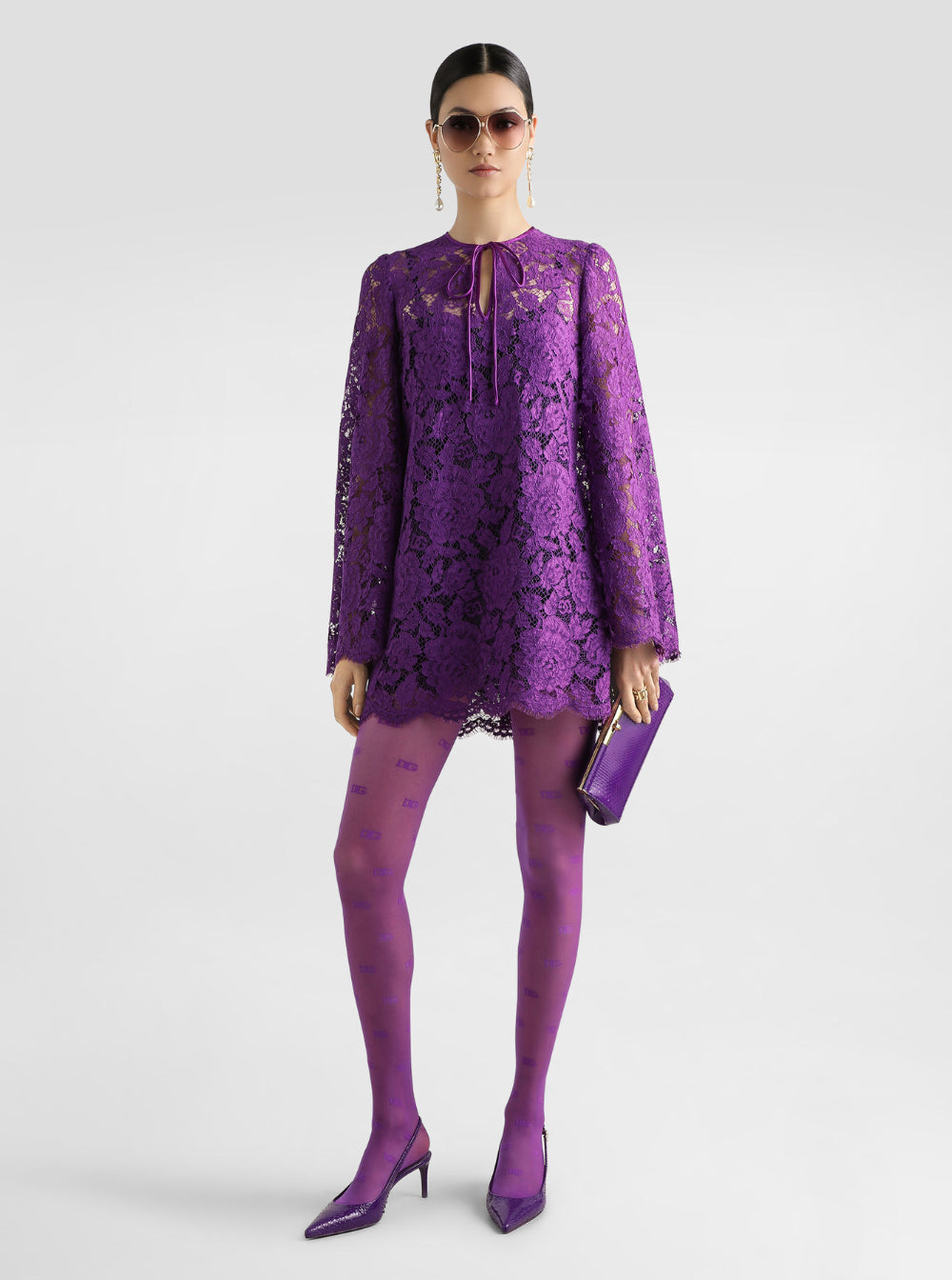 Dolce & Gabbana Women Violet Dress With Round Neck And All-Over Floral Embroidery In Cotton Blend Woman