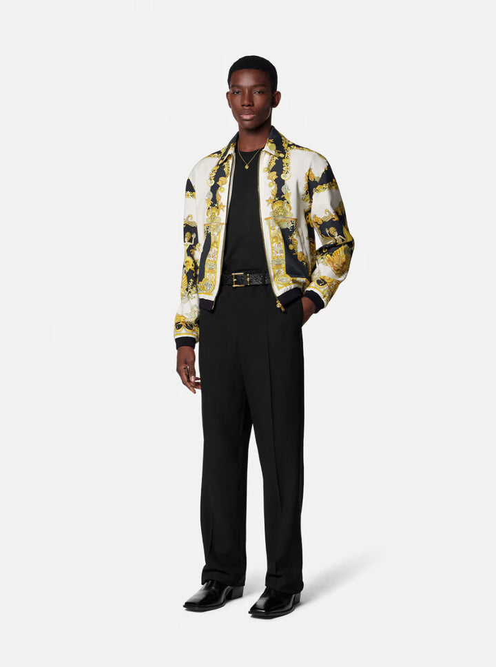 Versace Men Black Pants With Belt And Logo Patch On The Rear In Wool Blend Man