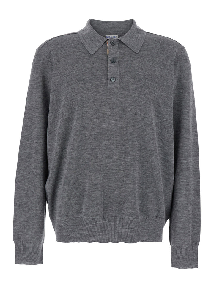 Burberry Men Grey Polo Shirt With Classic Collar And Check Motif On The Collar In Wool Man