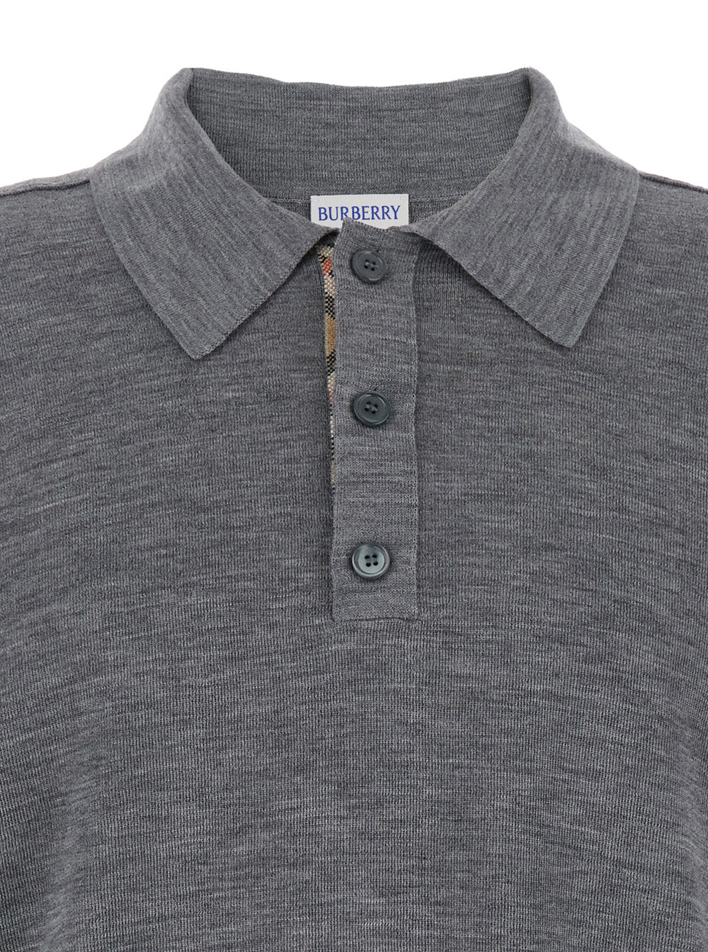 Burberry Men Grey Polo Shirt With Classic Collar And Check Motif On The Collar In Wool Man