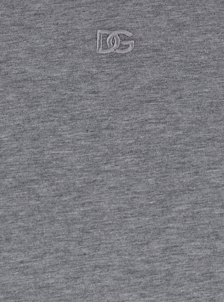 Dolce & Gabbana Men Grey Crewneck T-Shirt With Tonal Logo Lettering Embroidery On The Front In Cotton Stretch Man