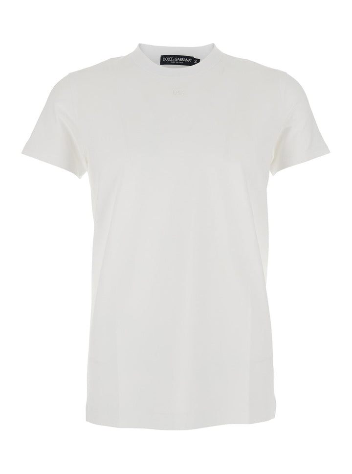 Dolce & Gabbana Men White Crewneck T-Shirt With Tonal Logo Lettering Embroidery On The Front In Cotton Stretch Man