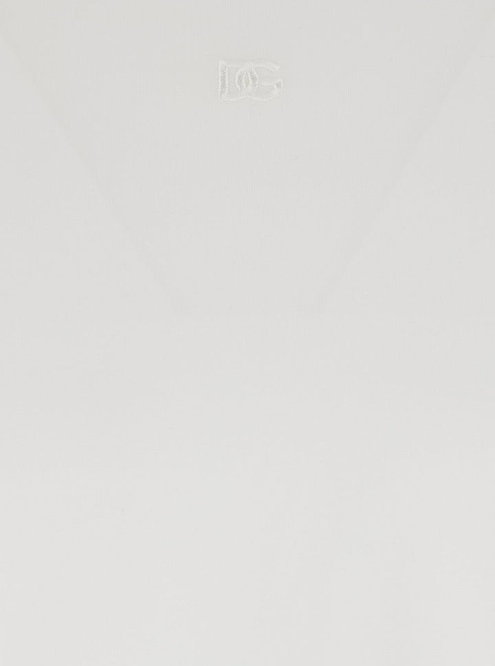 Dolce &amp; Gabbana Men White Crewneck T-Shirt With Tonal Logo Lettering Embroidery On The Front In Cotton Stretch Man