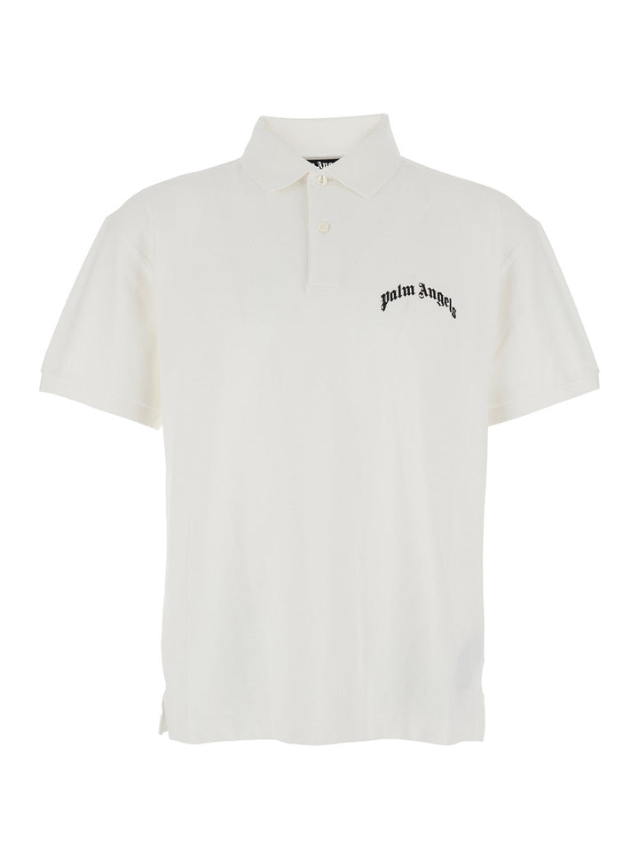 Palm Angels Men White Polo Shirt With Logo Lettering On Front And Rear In Cotton Piquet Man