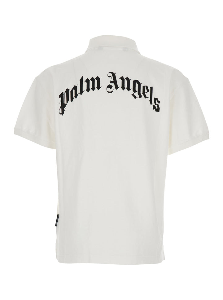 Palm Angels Men White Polo Shirt With Logo Lettering On Front And Rear In Cotton Piquet Man