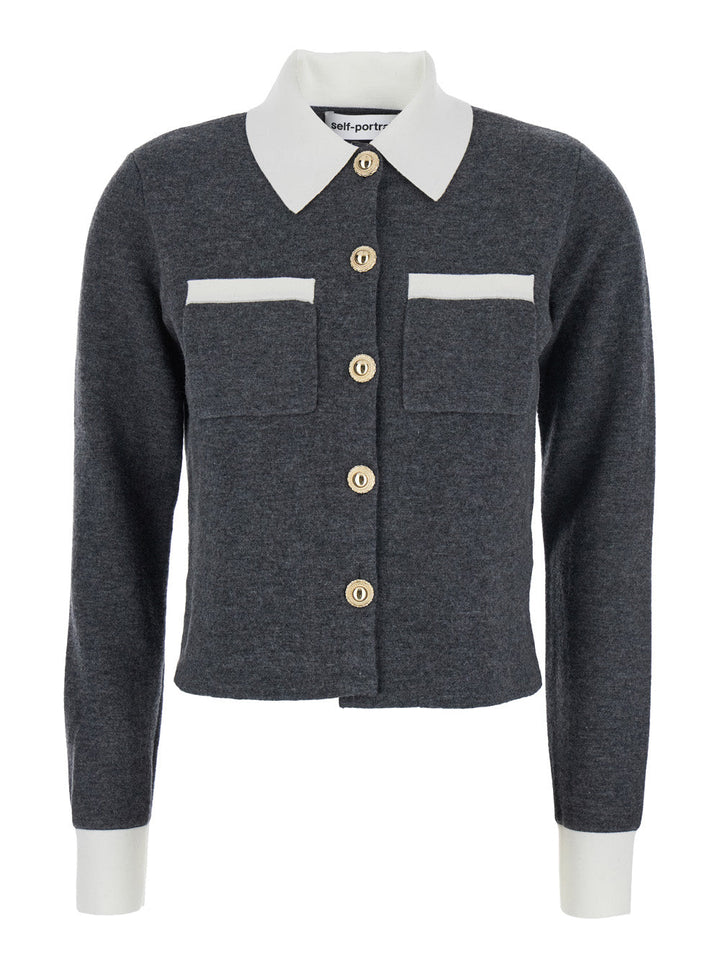 Self-Portrait Women Grey Cropped Cardigan With Contrasting Classic Collar And Two Front Patch Pockets In Wool Blend Woman