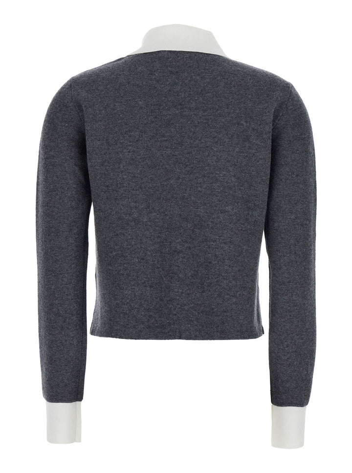 Self-Portrait Women Grey Cropped Cardigan With Contrasting Classic Collar And Two Front Patch Pockets In Wool Blend Woman