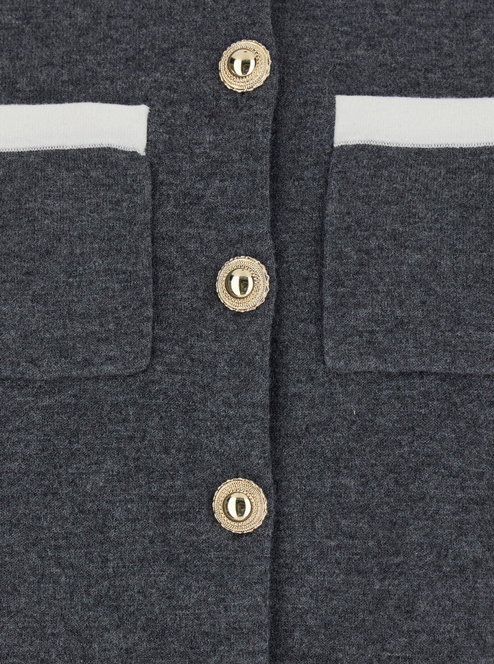 Self-Portrait Women Grey Cropped Cardigan With Contrasting Classic Collar And Two Front Patch Pockets In Wool Blend Woman