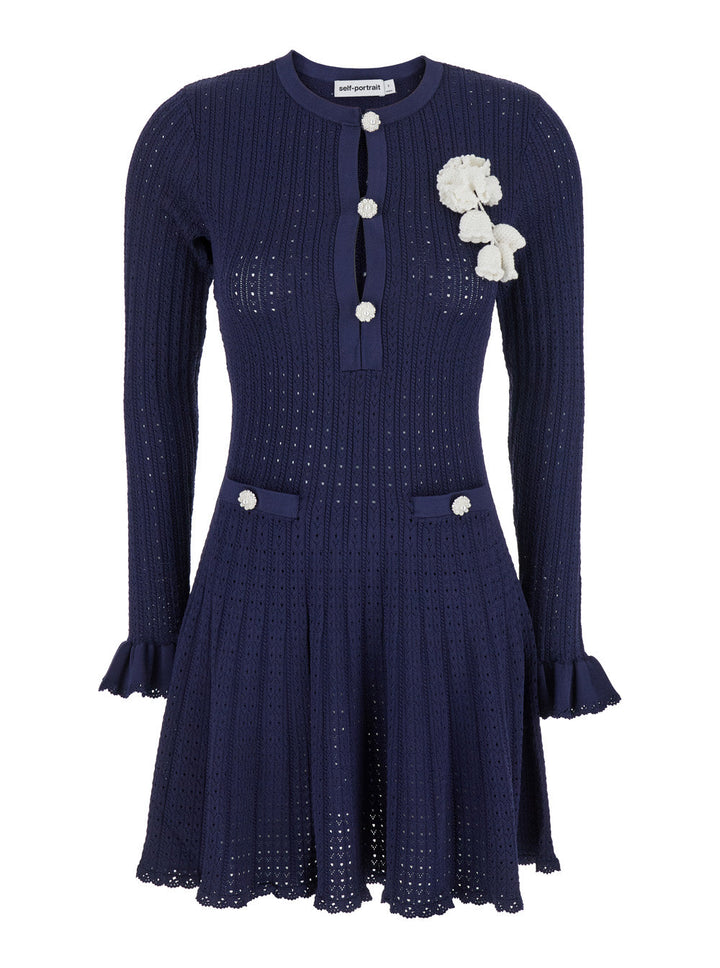 Self-Portrait Women Blue Crewneck Midi Dress With Flower Embellishment On The Front And Crochet Knit In Viscose Blend Stretch Woman
