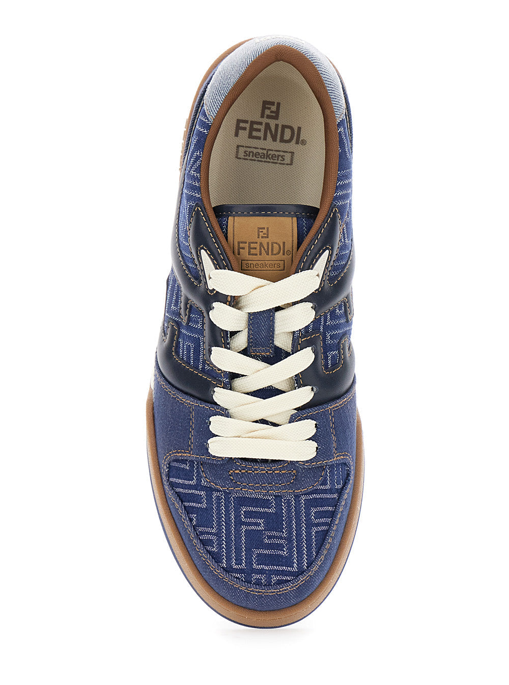 Fendi Men Blue Low Top Sneakers With Logo Patch On The Tongue In Ff Canvas And Leather Man